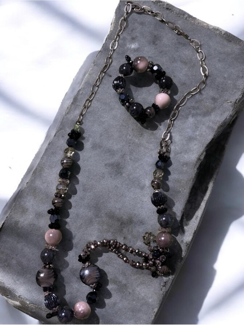Gray Beaded Necklace & Bracelet Set